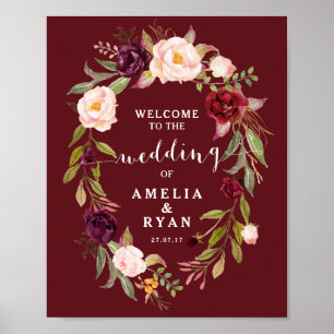 Poster Burgundy Floral Weding Sinal de Boas-Vindas