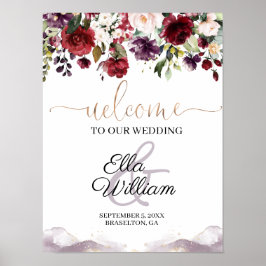 Poster Burgundy Floral Weding Sinal de Boas-Vindas