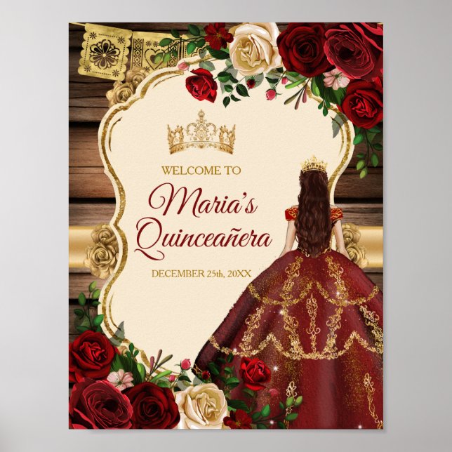 Poster Burgundy Floral Wood Mis Quince Bem-vindo (Frente)