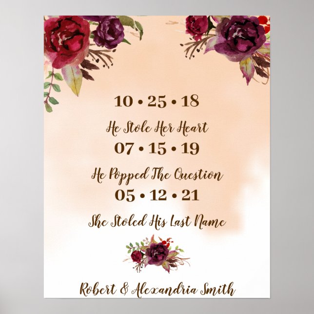Poster Burgundy Flowers Best Day Casamento Data Sim Sinal (Frente)
