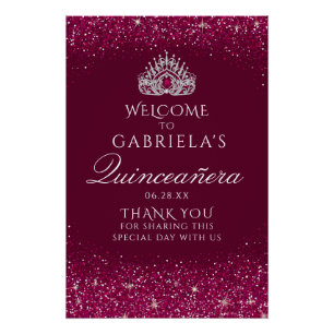Póster Burgundy Glitter Quinceanera - Sinal de boas-vinda
