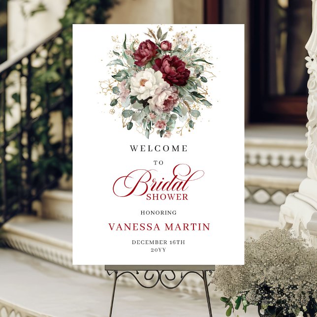 Poster Burgundy Gold Flowers Bridal Shower Welcome (Burgundy Gold Flowers Bridal Shower Welcome)