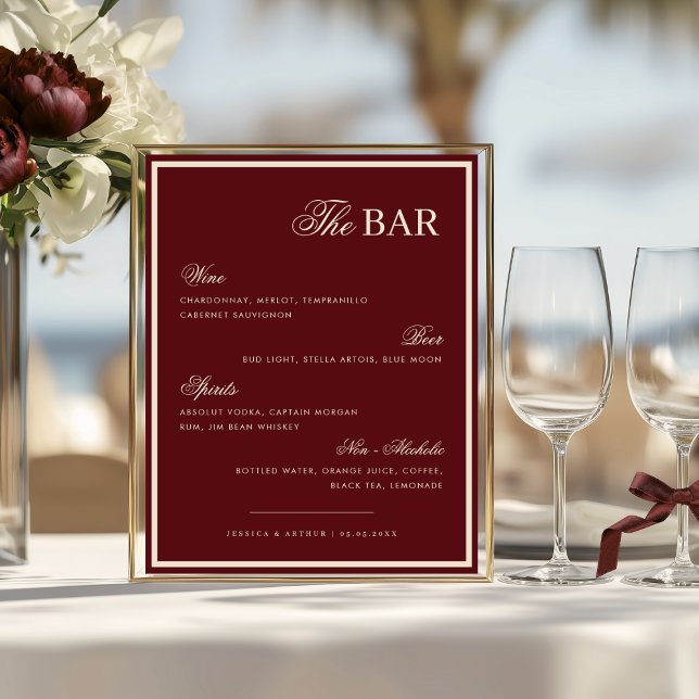 Poster Burgundy & Ivory The Wedding Bar Drink Menu Sign (Criador carregado)