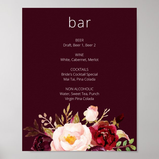 Poster Burgundy Marsala - Sinal de Bar Floral (Frente)