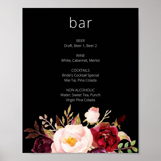 Poster Burgundy Marsala - Sinal de Bar Floral Negro (Frente)