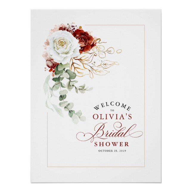 Póster Burgundy Red and White Chic Bridal Shower Welcome (Frente)