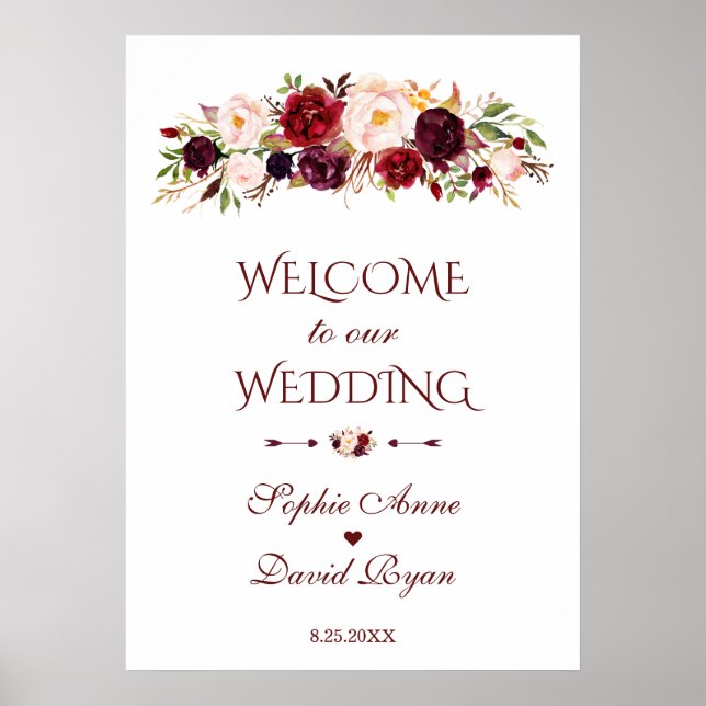 Poster Burgundy Red Blush Flowers - Sinal de Casamento Be (Frente)