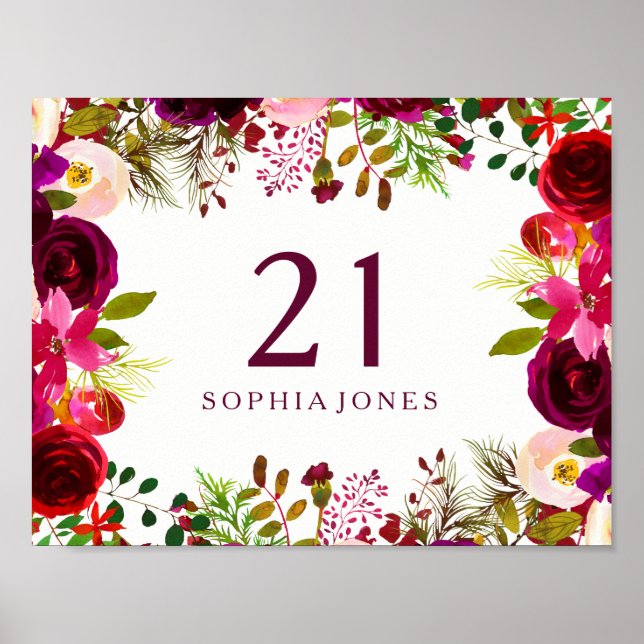 Poster Burgundy Red Floral Boho - aniversário de 21 anos (Frente)