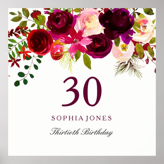 Poster Burgundy Red Floral Boho aniversário de 30 anos (Frente)