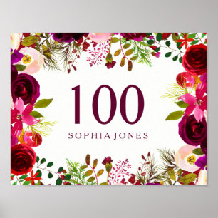 Poster Burgundy Red Floral Boho Sinal 100º Festa de anive