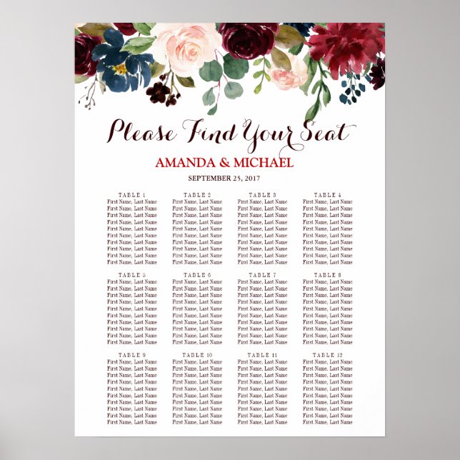 Póster Burgundy Red Marinho Floral Bócio Seating Chart (Frente)