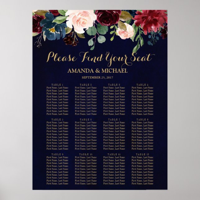 Poster Burgundy Red Marinho Floral Bócio Seating Chart (Frente)