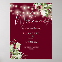 Poster Burgundy String Lights Floral Weding Bem-vindo