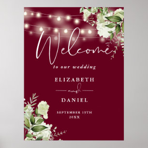 Poster Burgundy String Lights Floral Weding Bem-vindo