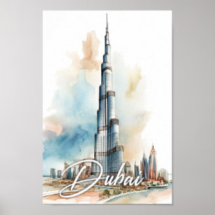Poster Burj Khalifa Dubai Watercolor Painting Viagem