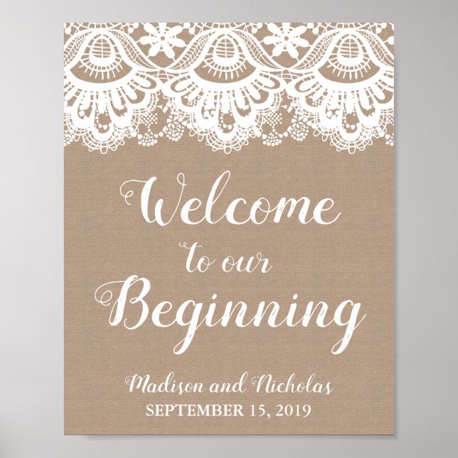 Poster Burlap and Lace Welcome to Our Beging Sign (Burlap (Frente)