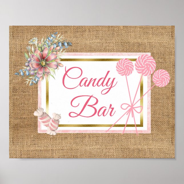 Poster Burlap Pink Floral Candy Ar Sinal de Casamento Pos (Frente)