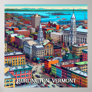 Poster Burlington, Arte de Estilo de Quadrinhos Vermont