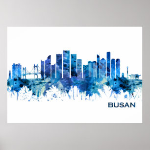 Poster Busan South Korea Skyline Blue