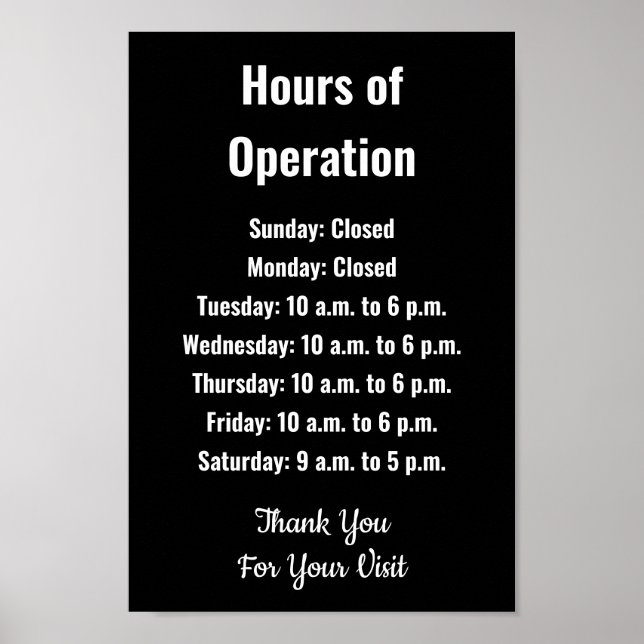 Poster Business Hours of Operation Black & White Template (Frente)