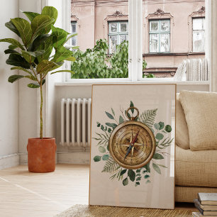 Poster Bússola da Natureza Folhas Tropicais Aquarela