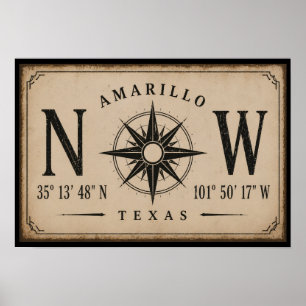 Poster Bússola de Coordenadas do Amarillo Texas Vintage