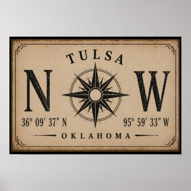 Poster Bússola de Coordenadas Vintage Tulsa Oklahoma (Frente)