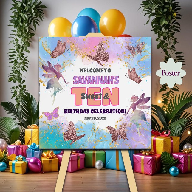 Poster Butterflies Fairy Glitter 10th Birthday Welcome (Criador carregado)