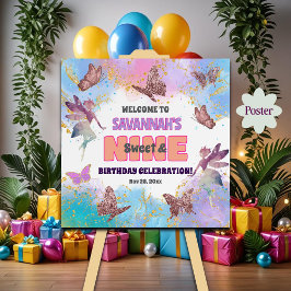 Poster Butterflies Fairy Glitter 9th Birthday Welcome