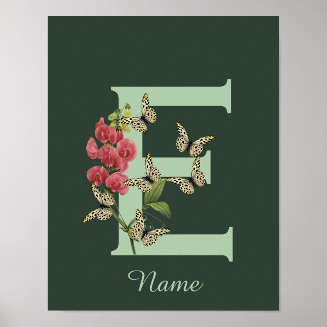 Poster Butterflies Flower Monogram Initial E Personalized (Frente)