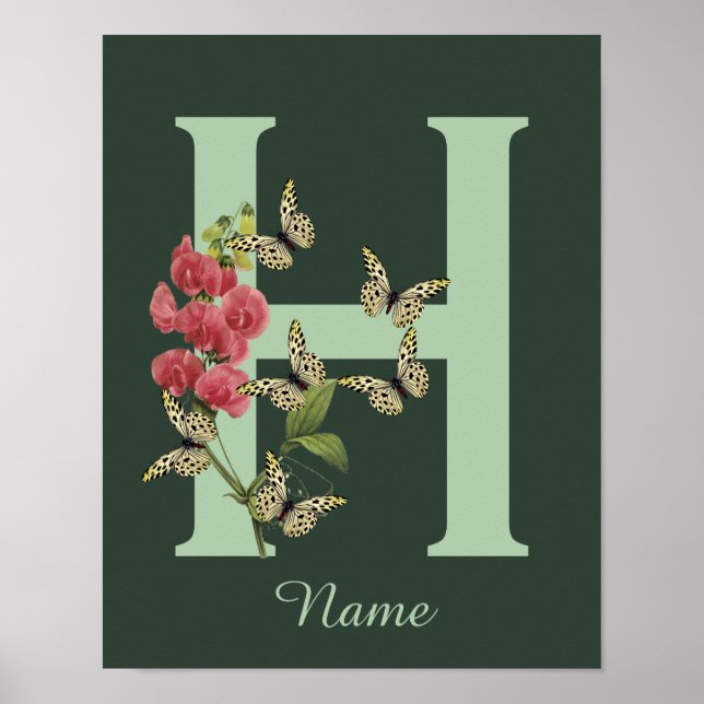 Poster Butterflies Flower Monogram Initial H Personalized (Frente)
