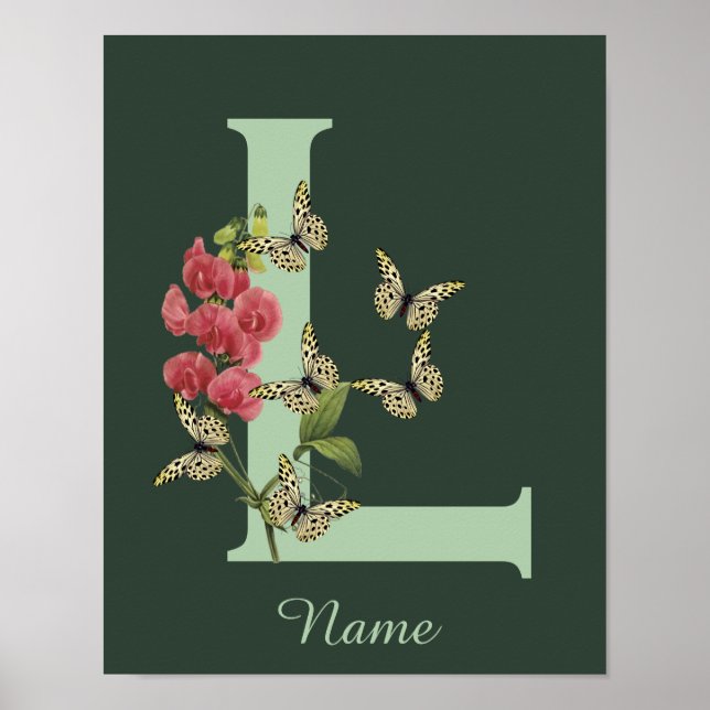 Poster Butterflies Flower Monogram Initial L Personalized (Frente)