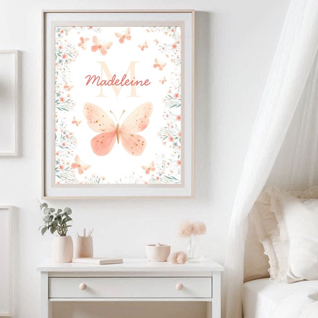 Póster Butterfly Flores Selvagens Monograma de Coral Teal (butterfly wildflowers monogram name personalized nursery decor poster pink coral teal cute)