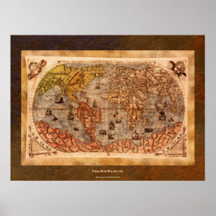 Póster c1490 Antiguidade do Mapa Mundial com Fronteira Or