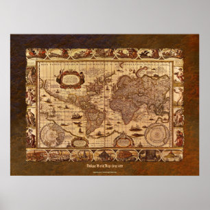 Poster c1499 Antiguamente Mapa Mundial Arte com Fronteira