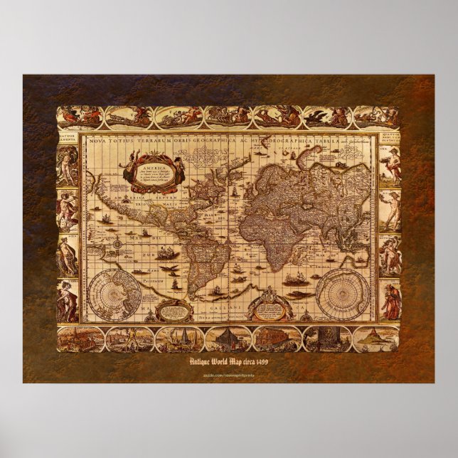 Poster c1499 Antiguamente Mapa Mundial Arte com Fronteira (Frente)