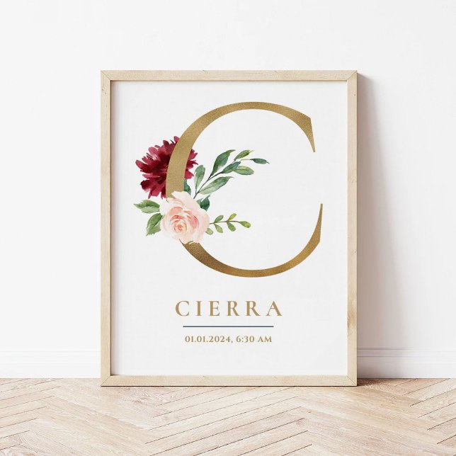 Poster C - Letra Monograma Nome Marsala Floral Nursery (Criador carregado)