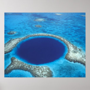 Poster CA, Belize. Aerial view of Blue Hole (diameter