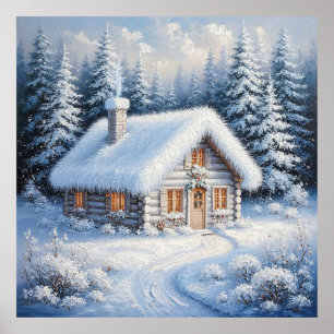 Poster Cabana Aconchegante Coberta de Neve em um Inverno 