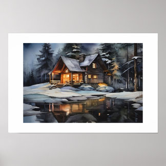 Poster Cabana Aconchegante de Inverno Noturno
