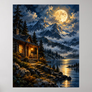 Poster Cabana Alpina ao Luar - Lago da Lua Dourada
