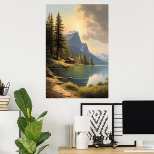 Poster cabana com vista para um lago perto das montanhas