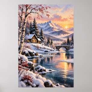 Poster Cabana da Montanha Nevada e Ponte de Pedra Pôr do