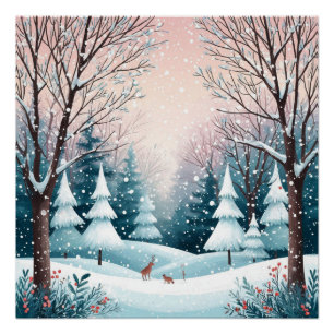 Póster Cabana de Natal Nevada Com Árvore Brilhante