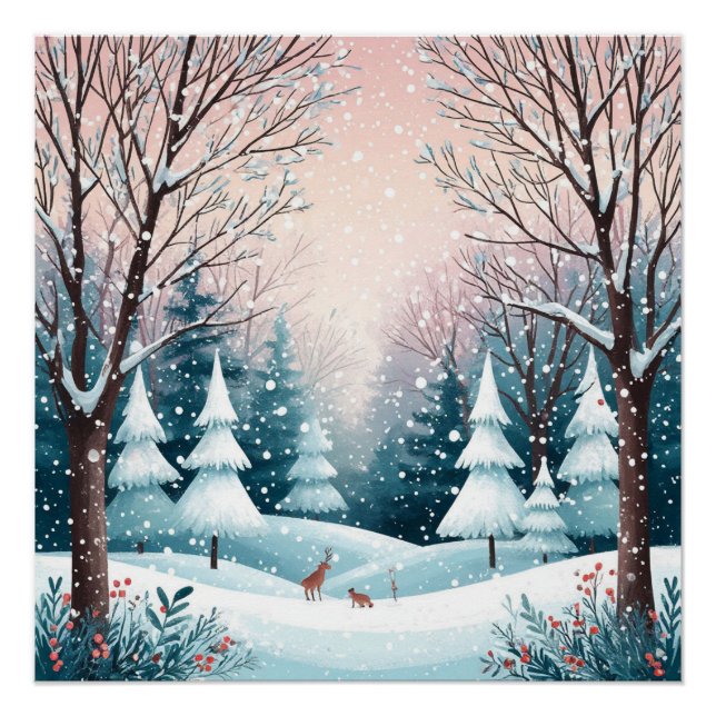 Póster Cabana de Natal Nevada Com Árvore Brilhante (Frente)