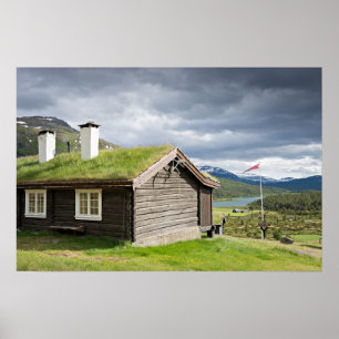 Póster Cabana de toras com telhado de grama na Noruega pô