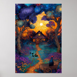 Poster Cabana Mágica na Floresta Pôr do Sol Vibrante Arte