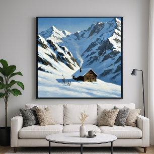 Poster Cabana nas Montanhas Nevadas - Estilo de Paisagem 