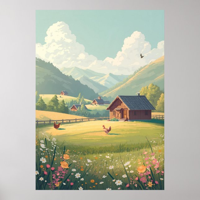 Poster Cabana Rústica no Campo com Flores Silvestres  (Frente)