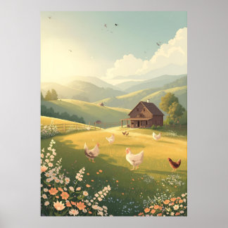 Poster Cabana Rústica no Campo com Flores Silvestres 